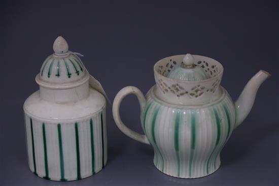 Two Wedgwood Queensware green banded cache pots and stands, a Leeds creamware teapot and cover and similar tea caddy and cover, all lat